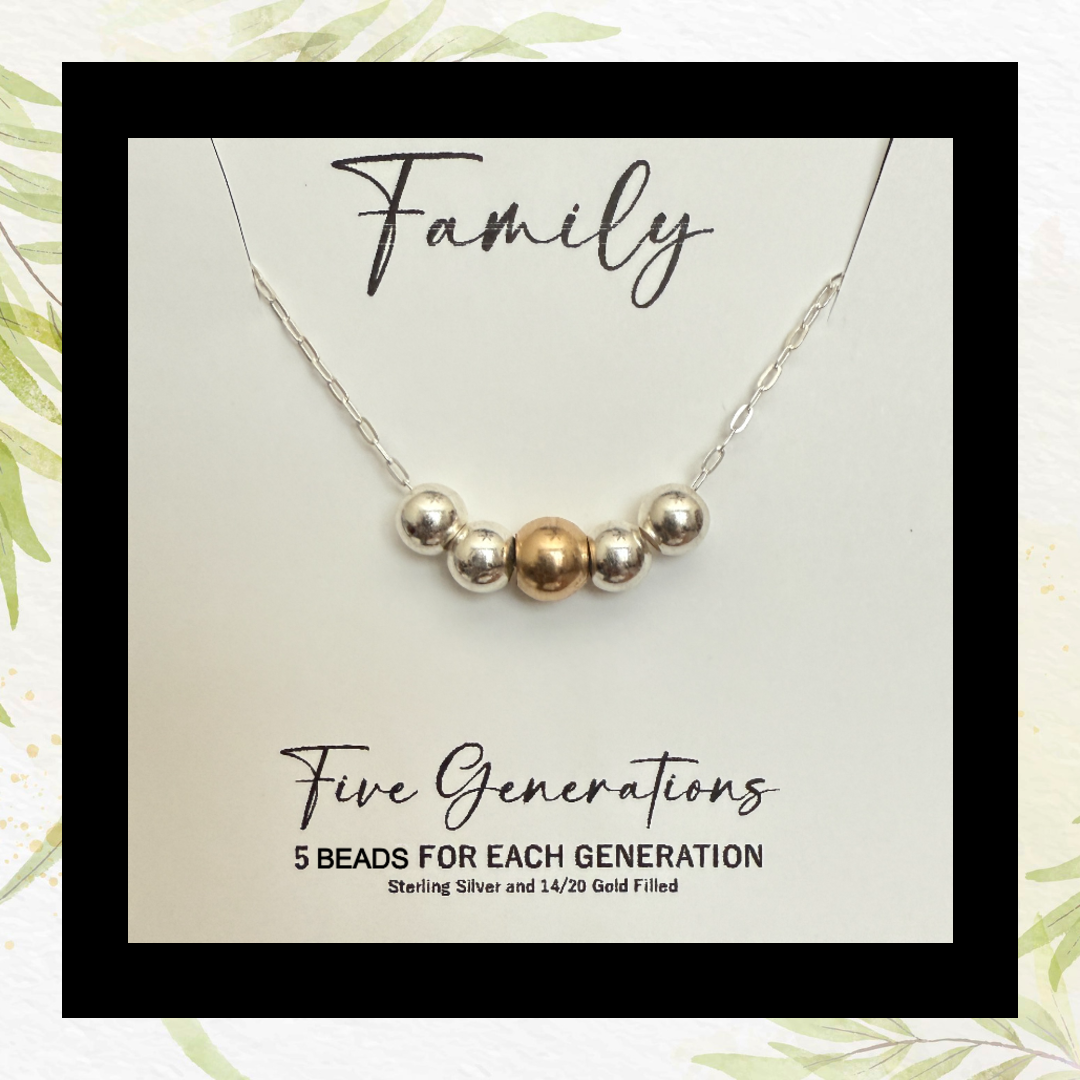 Five Generations Bead Necklace: Sterling Silver & Gold Filled Beaded Family Gift