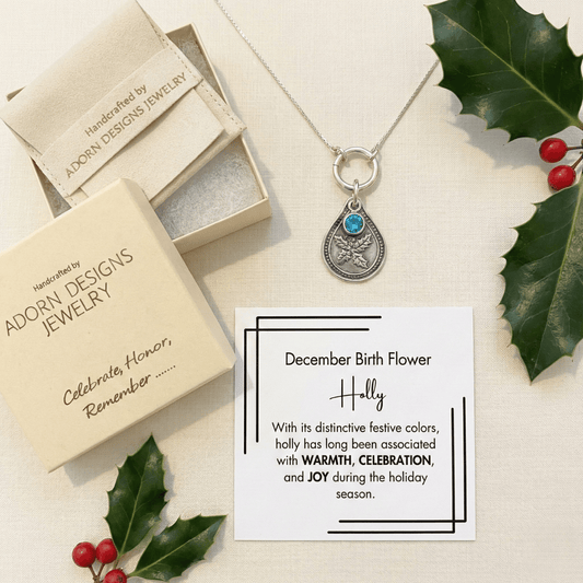 December holly birth flower sterling silver necklace with blue zircon CZ stone, Adorn Designs gift box, pouch, and December holly meaning card.