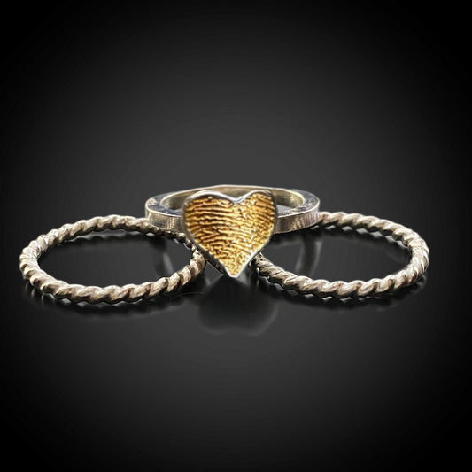 Fingerprint Heart Stacking Rings — Sterling Silver with 24K Gold-Plated Inlay (Custom Memorial)