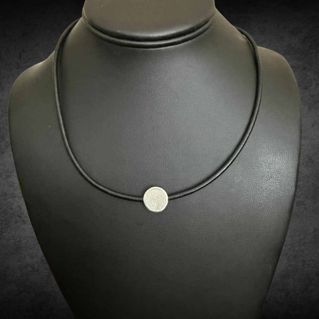 Dainty Round Shape Sterling Silver Fingerprint with Leather Necklace