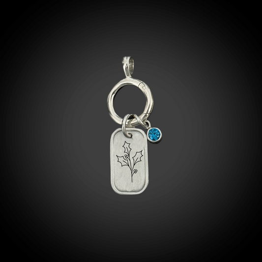 Sterling-silver December holly birth-flower charm with 4 mm Zircon CZ and hinged charm holder.