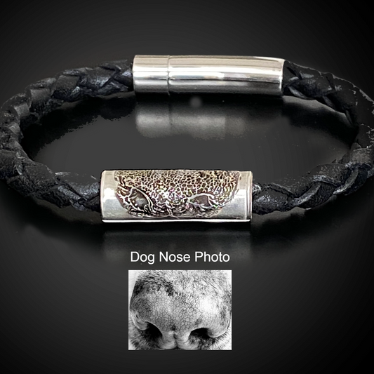 dog nose photo imprinted on black leather braided bracelet