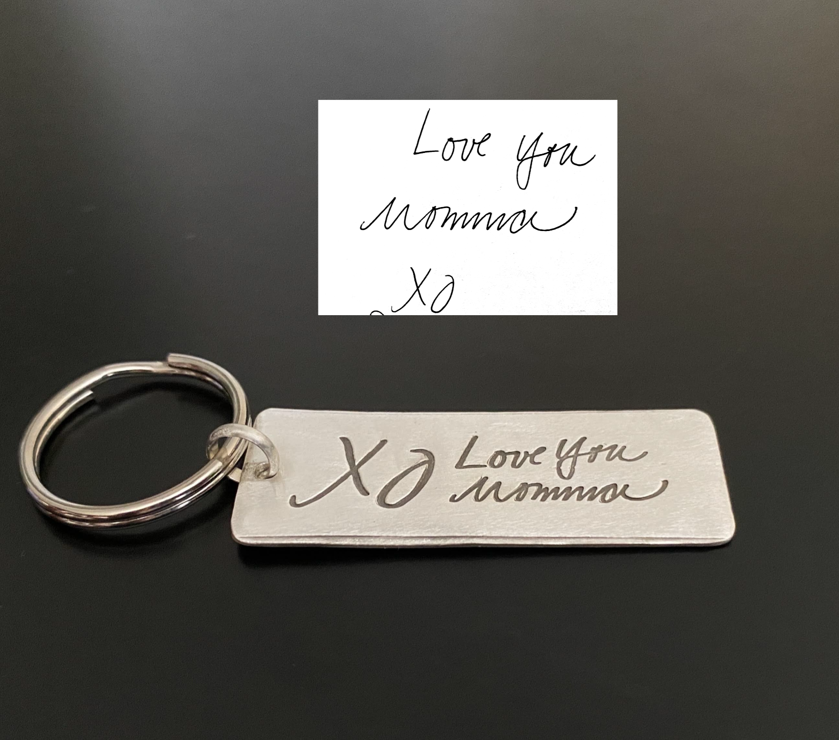 actual handwriting sample made into sterling silver signature keychain