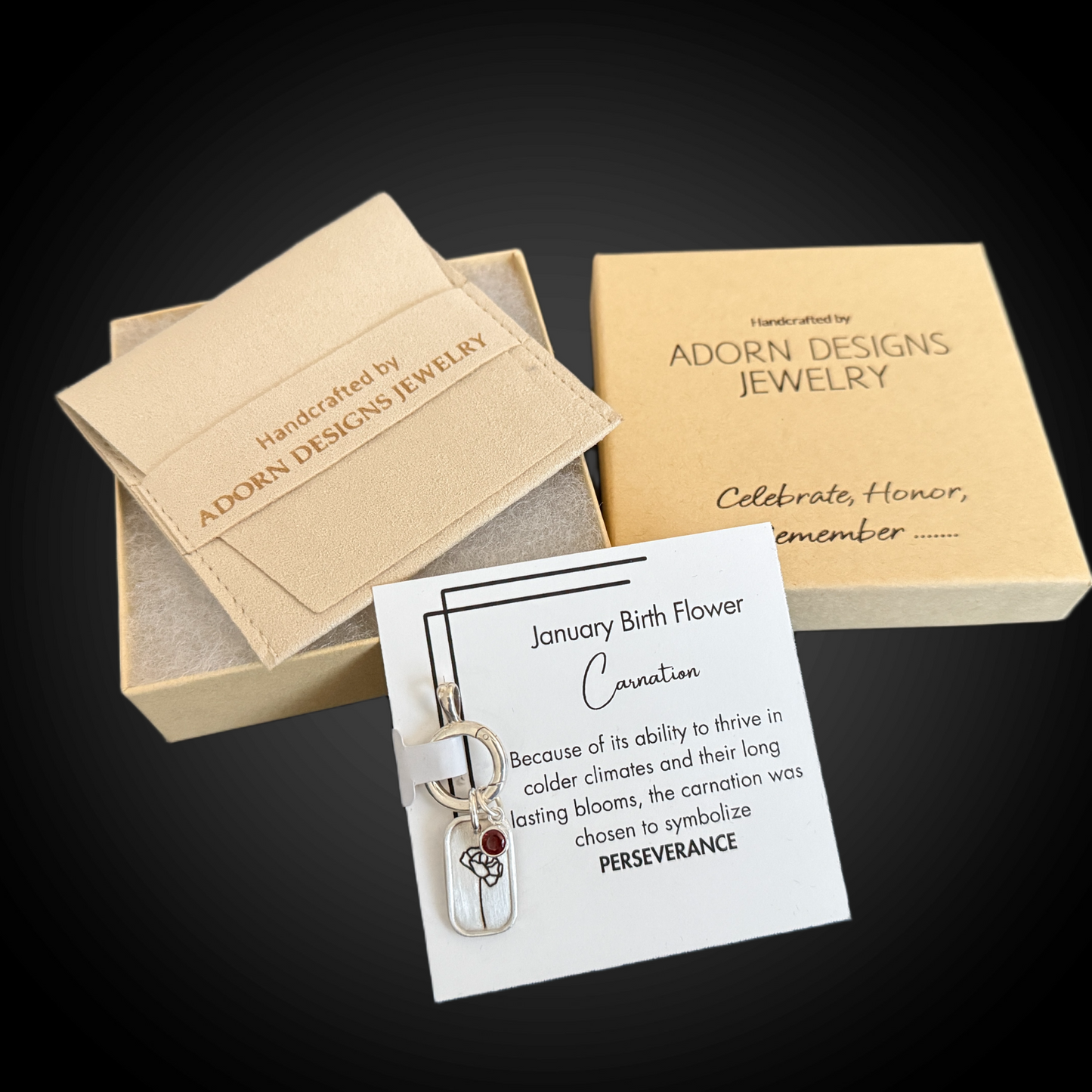 Personalized January Birth Month Carnation Flower Charm: Garnet CZ Birthstone, Hinged Charm Holder to add charms, Sterling Silver Pendant