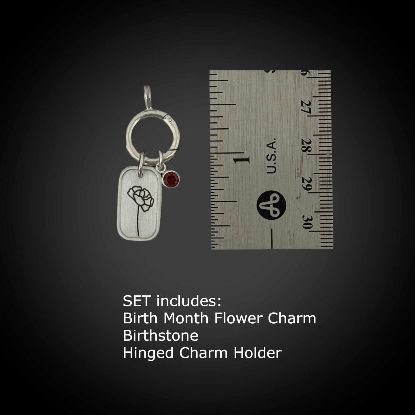 Personalized January Birth Month Carnation Flower Charm: Garnet CZ Birthstone, Hinged Charm Holder to add charms, Sterling Silver Pendant