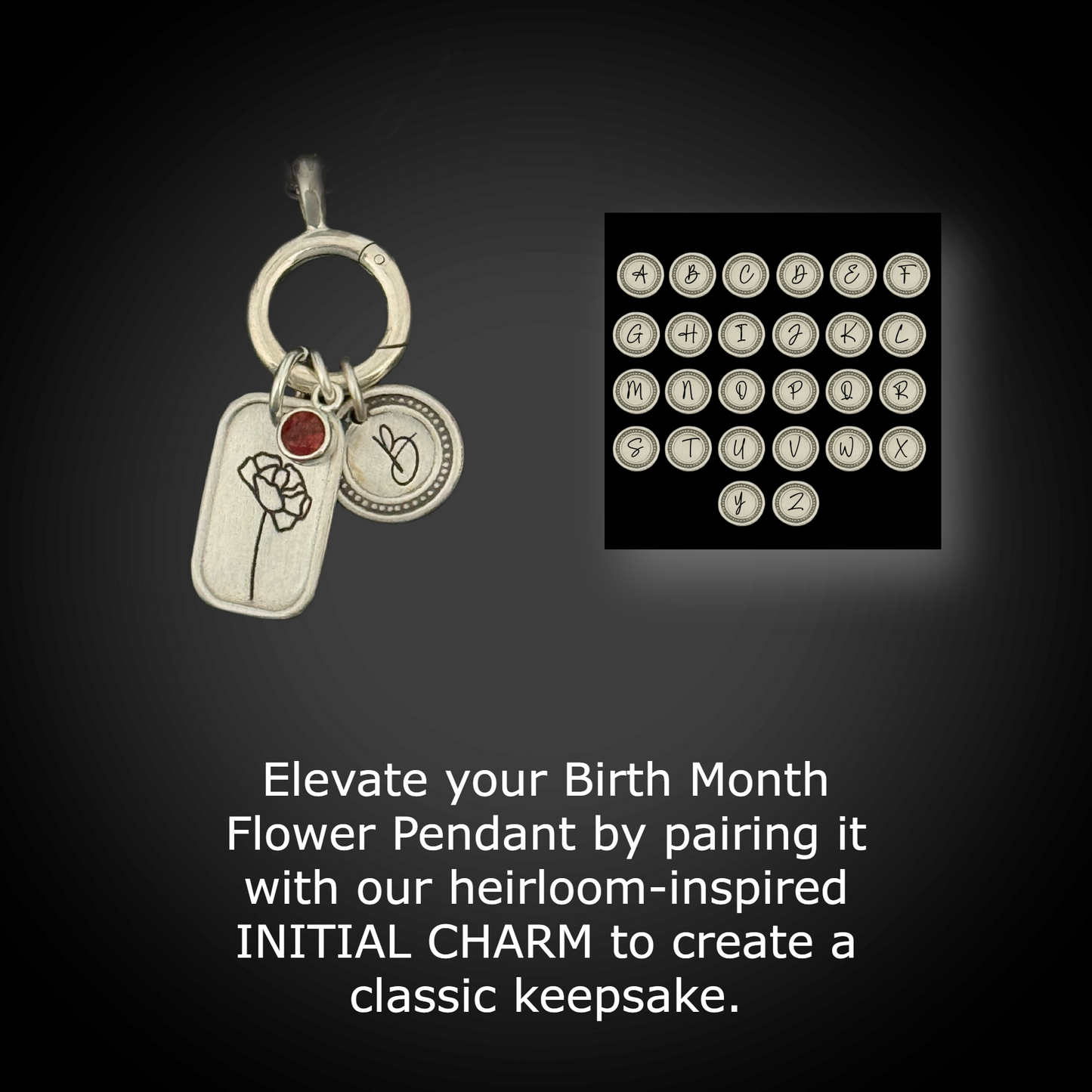 Personalized January Birth Month Carnation Flower Charm: Garnet CZ Birthstone, Hinged Charm Holder to add charms, Sterling Silver Pendant