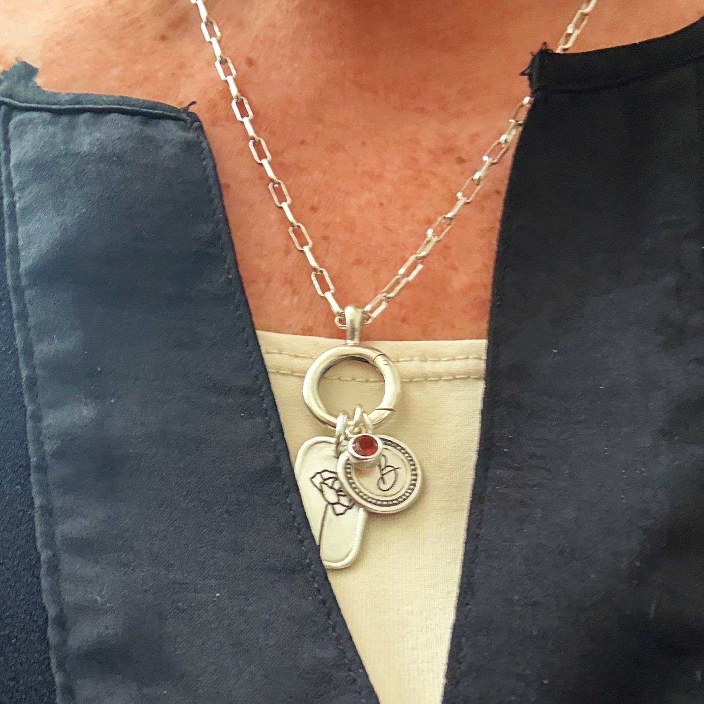 Personalized January Birth Month Carnation Flower Charm: Garnet CZ Birthstone, Hinged Charm Holder to add charms, Sterling Silver Pendant