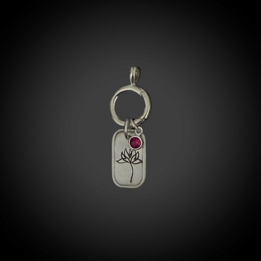 Sterling-silver July water-lily birth-flower charm with 4 mm Ruby CZ and hinged charm holder.