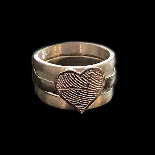 Wide Fingerprint Ring with 3 Sterling Silver Stacking Bands
