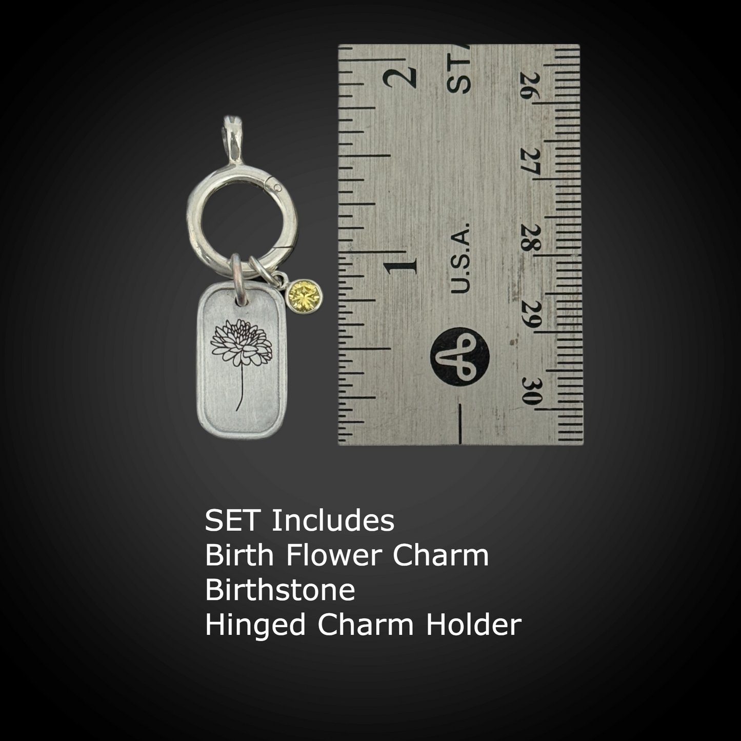 Personalized November Birth Month Chrysanthemum Flower Charm: Citrine CZ Birthstone, Hinged Charm Holder easily add charms, Sterling Silver