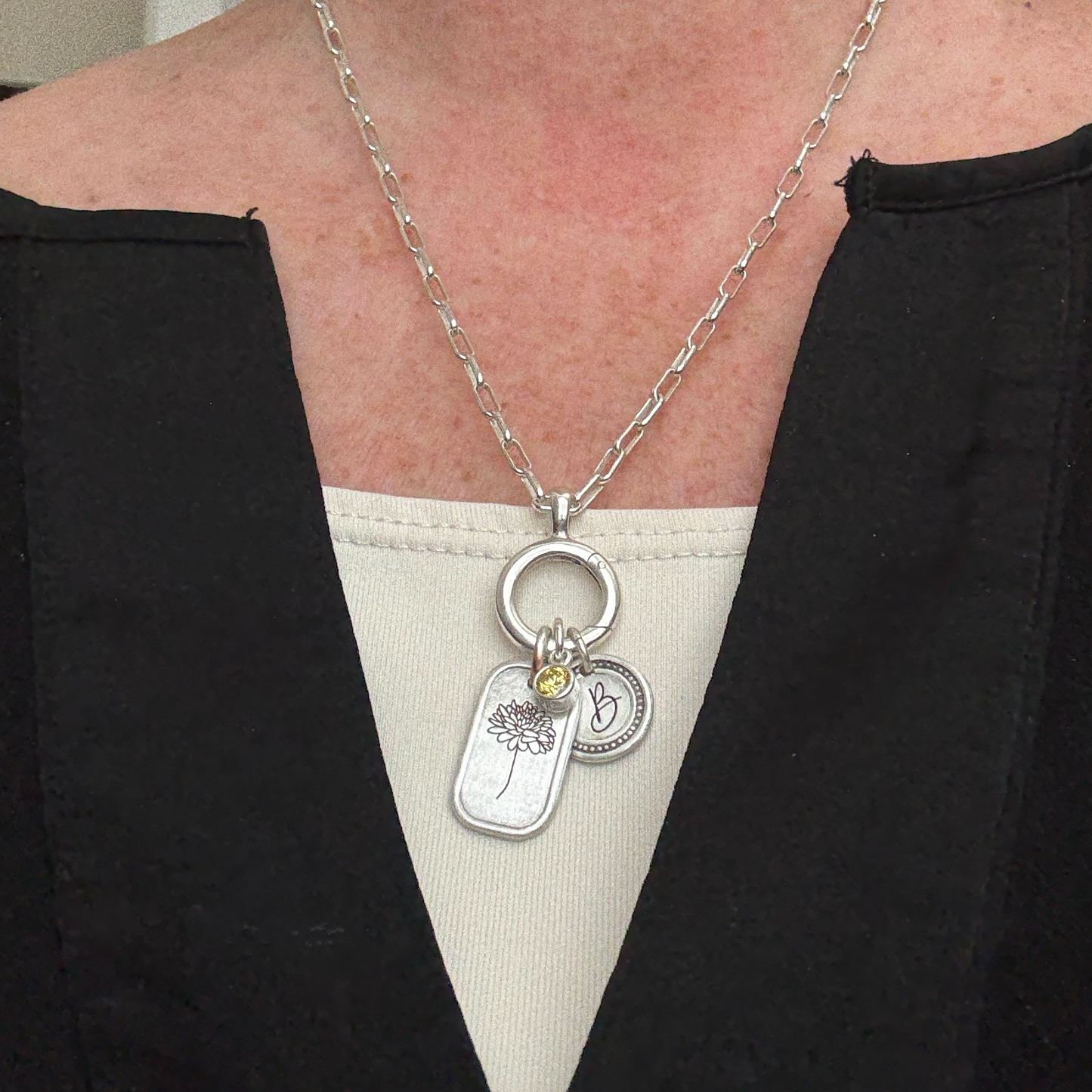 Personalized November Birth Month Chrysanthemum Flower Charm: Citrine CZ Birthstone, Hinged Charm Holder easily add charms, Sterling Silver