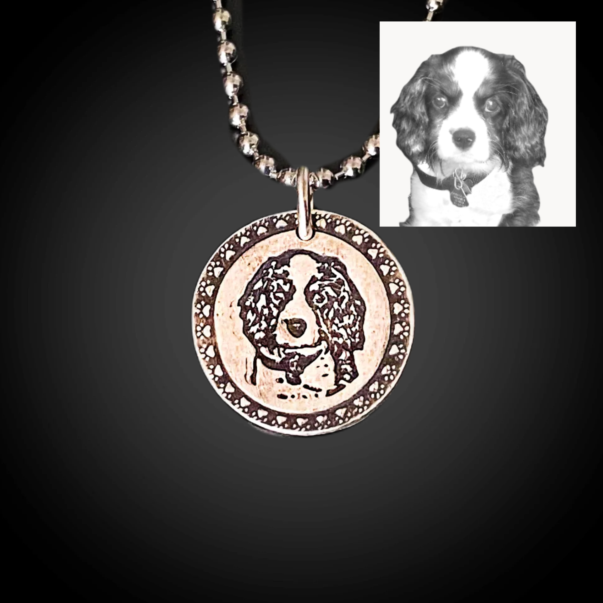 dog pet photo reproduced on sterling silver memorial necklace