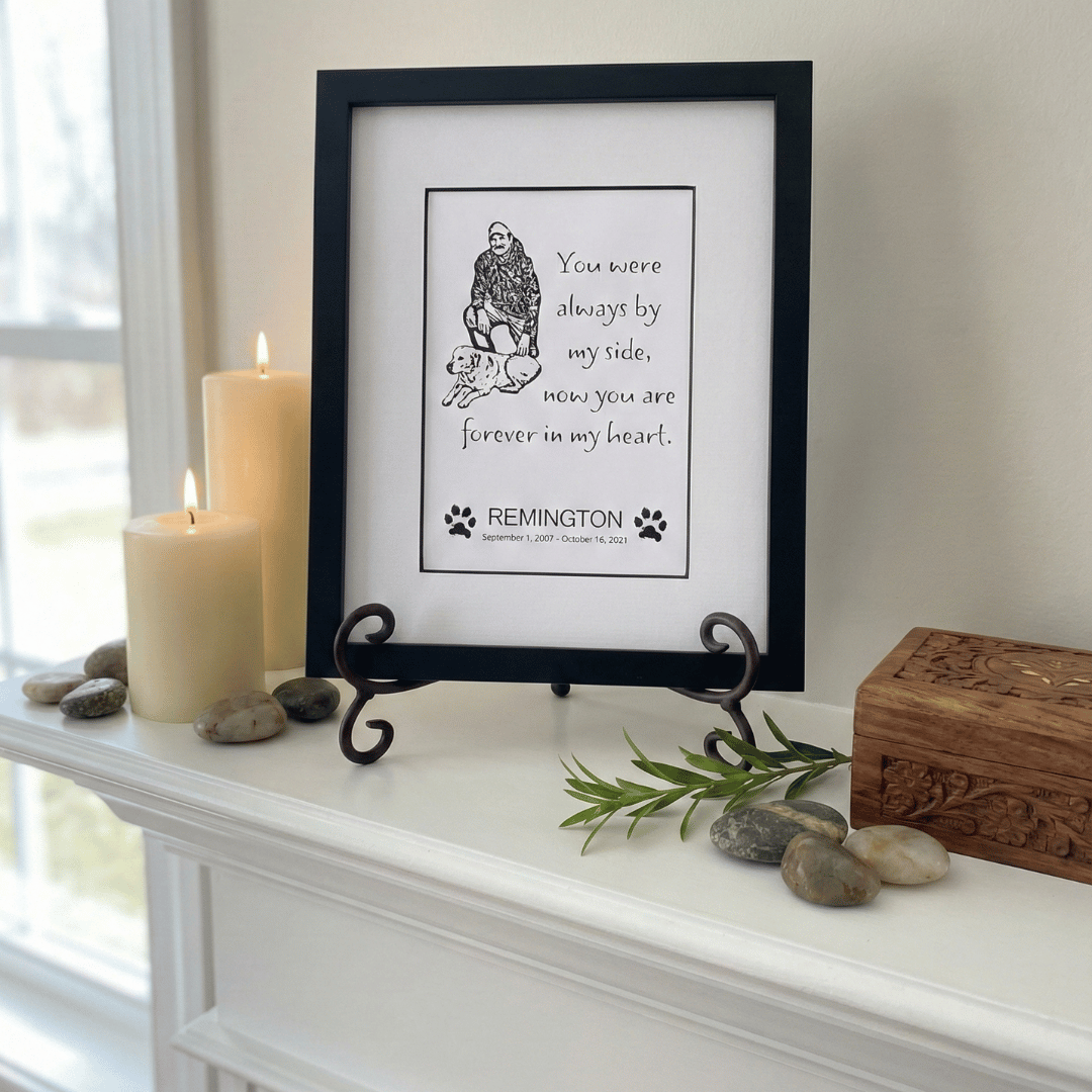 pet memorial art print with sketch of owner and pet