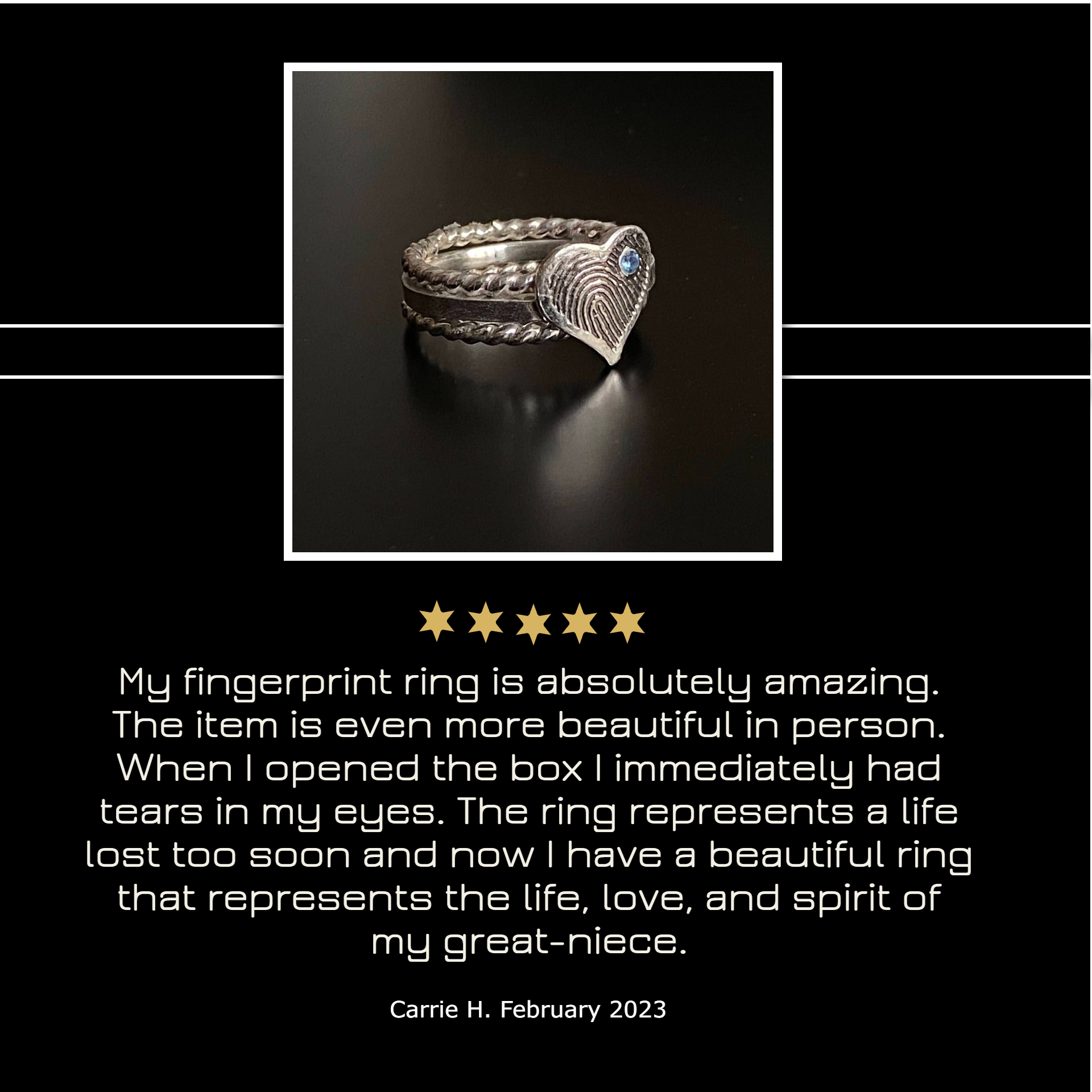 Adorn Designs Jewelry 5 star customer review of fingerprint ring
