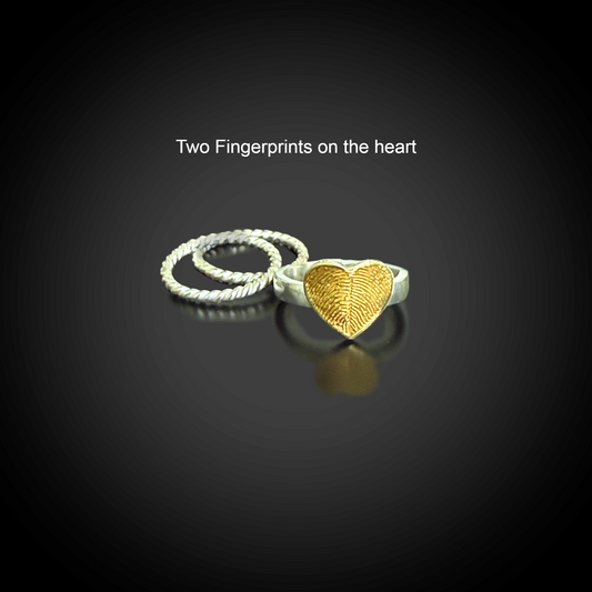 Gold heart-shaped ring with two fingerprints on a black background