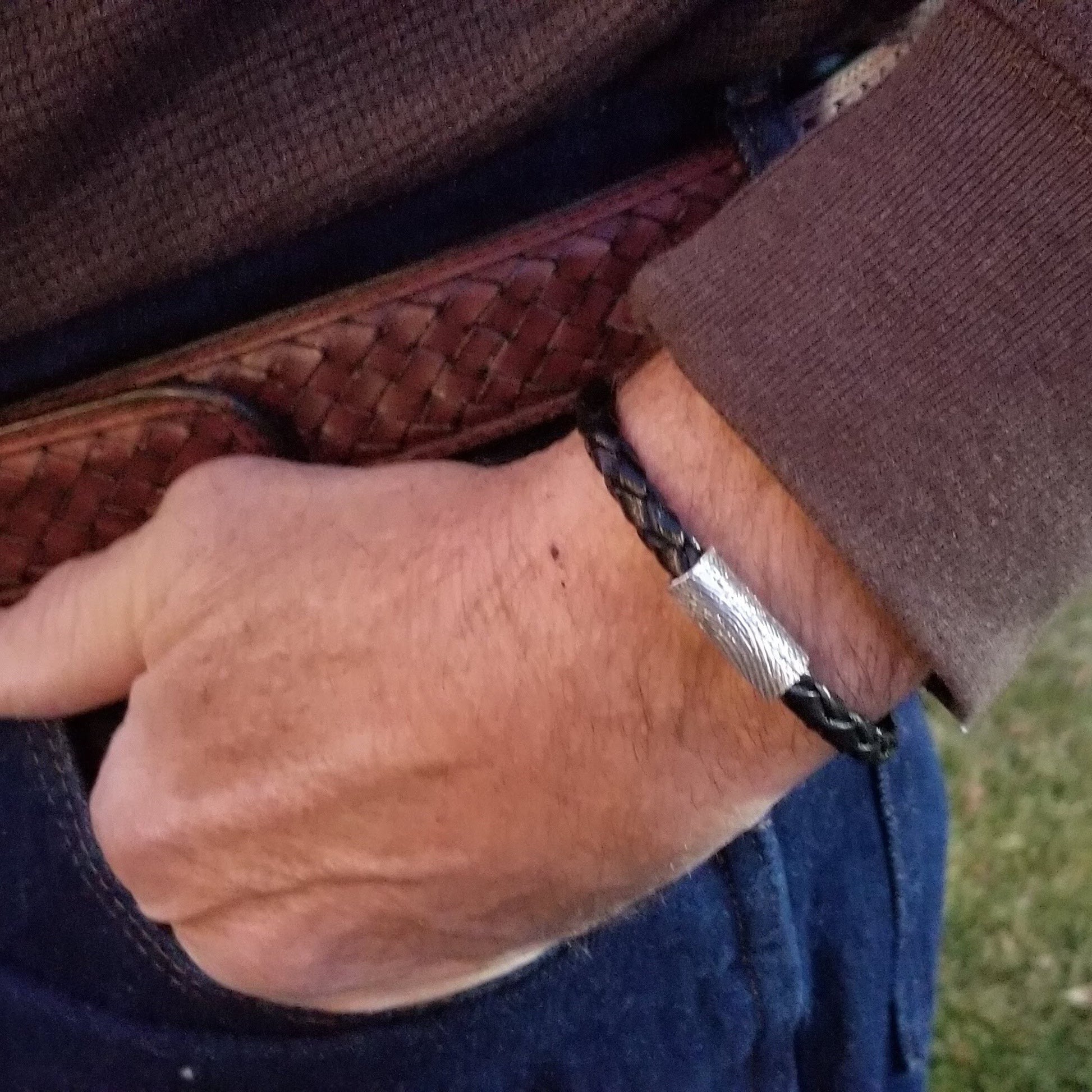 A Braided Italian Leather Bracelet w/ Sterling Silver Fingerprint - Black