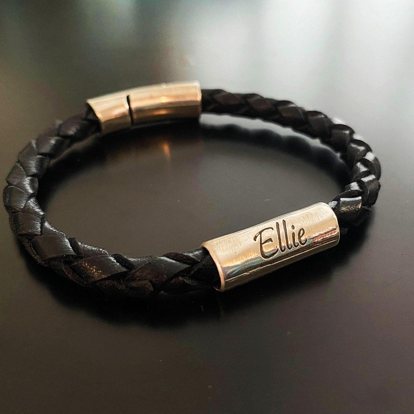 Braided Italian Leather Bracelet w/ Sterling Silver Fingerprint - Black - Adorn Designs Jewelery