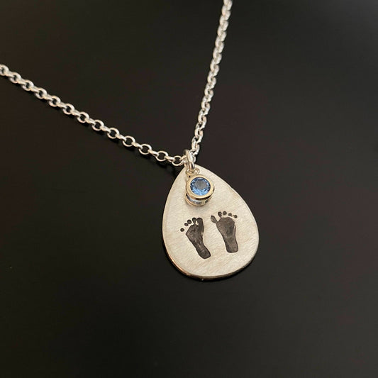 Baby Footprint Birthstone Necklace - Sterling Silver