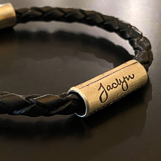 Braided Italian Leather Bracelet with Handwriting, Signature, or Custom Sentiment
