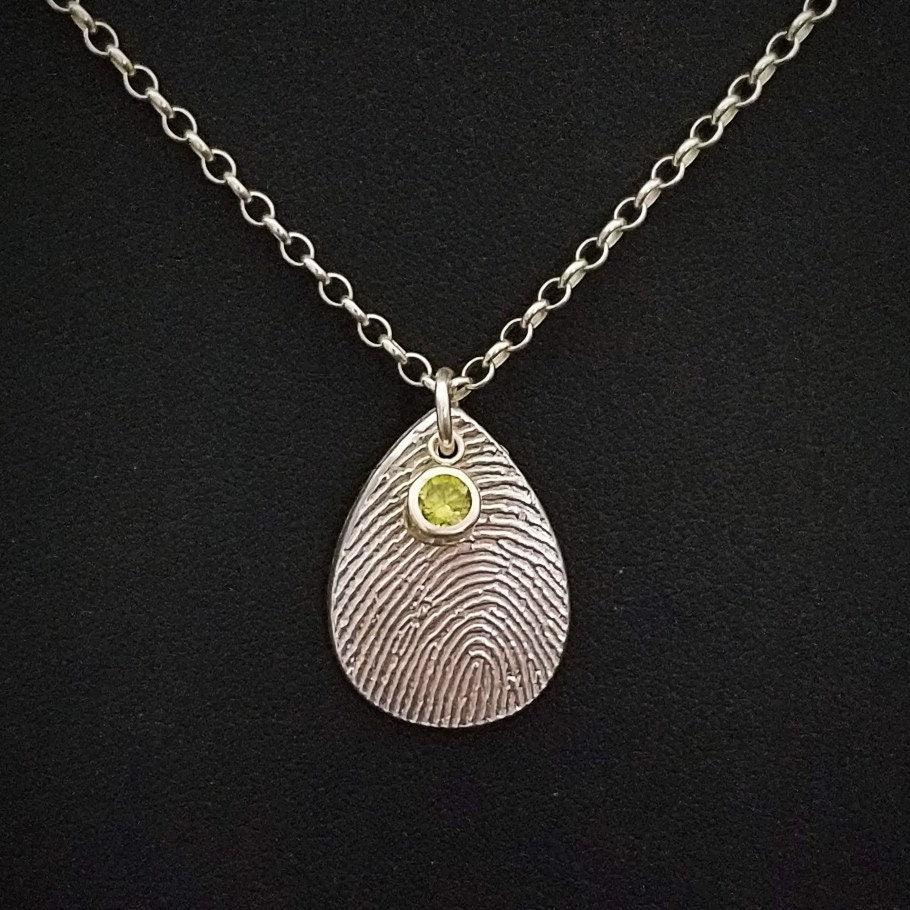 Fingerprint Teardrop Pendant with CZ Birthstone - Adorn Designs Jewelery