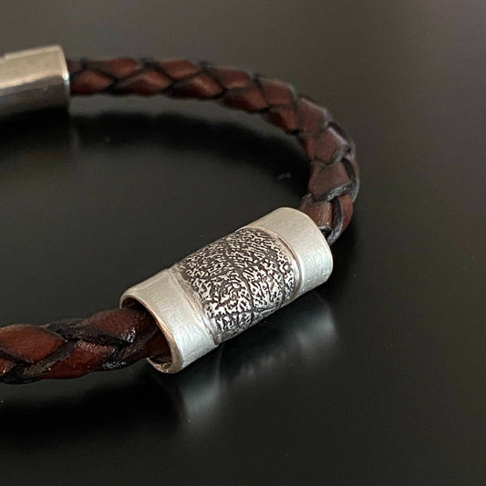 Braided Italian Leather Bracelet w/ Sterling Silver Fingerprint - Brown