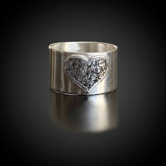 Wide Band Ring with Heart Shaped Fingerprint | Sterling Silver