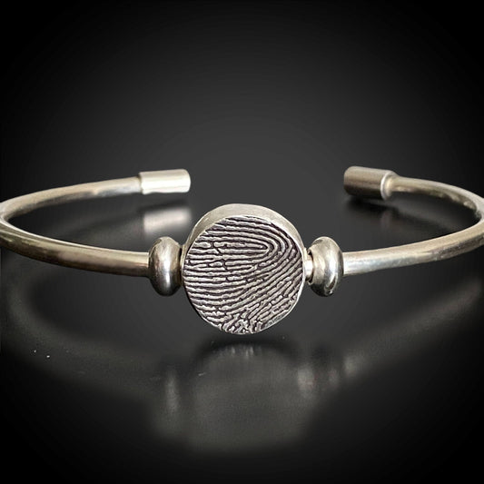 Pandora Style Sterling Silver Cuff Bracelet w/ Fingerprint Charm Bead