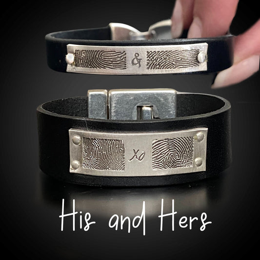 Leather His & Hers Bracelets w/ Sterling Silver Plate with Two Fingerprints