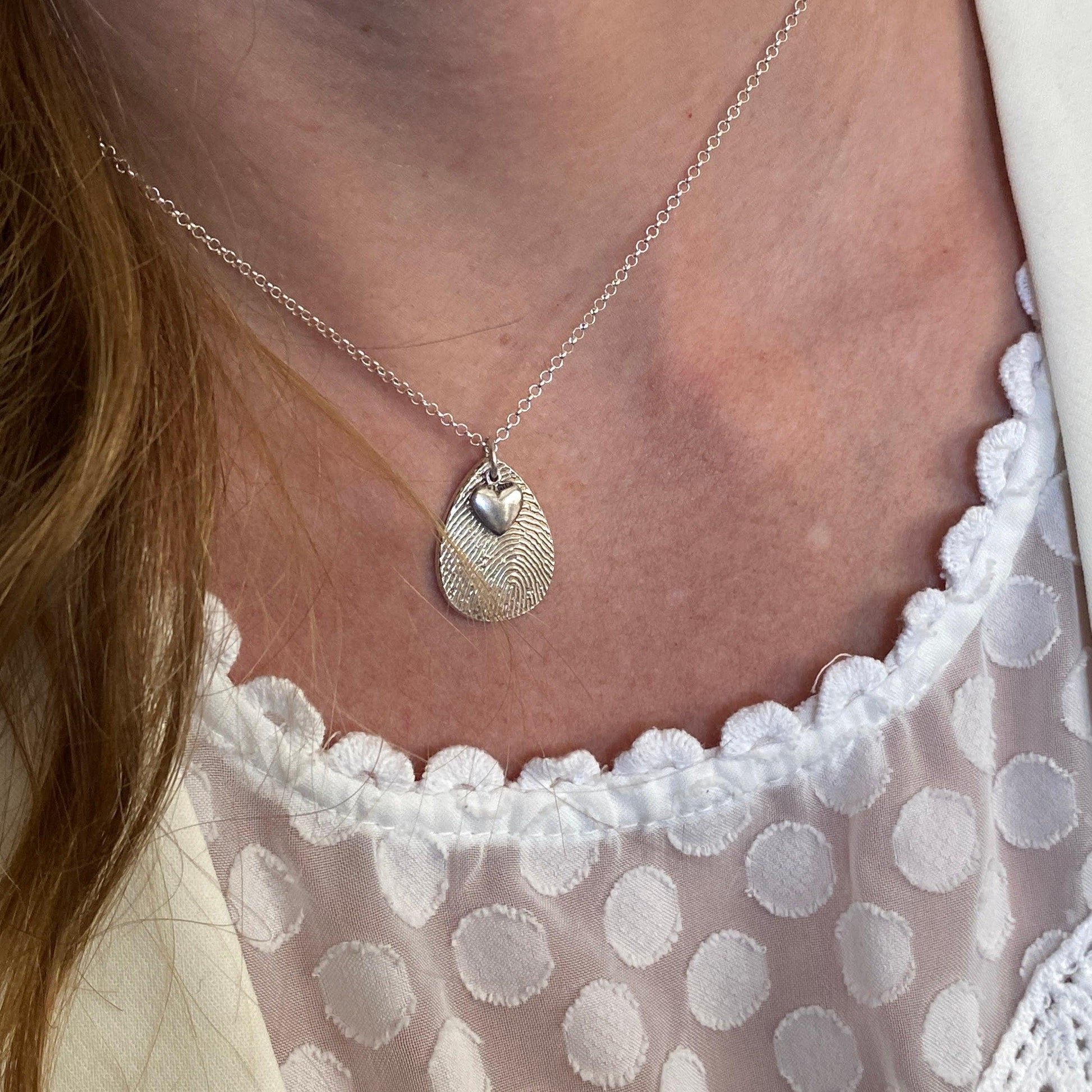 Personalized Fingerprint Necklace | Teardrop Shape w Heart Charm - Adorn Designs Jewelery