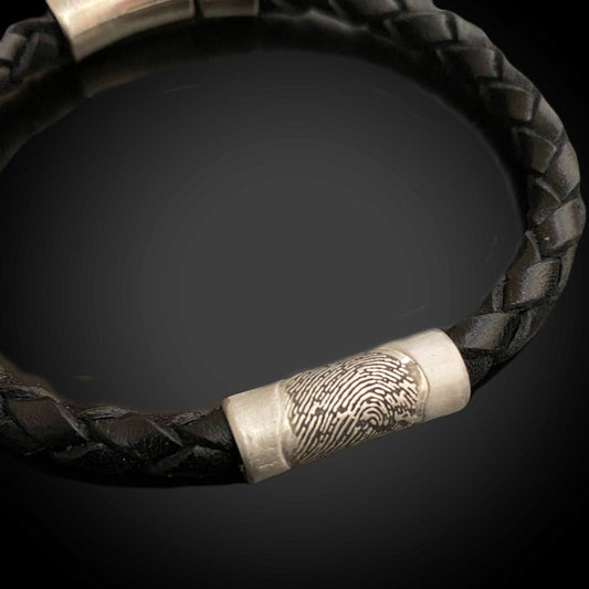 Braided Italian Leather Bracelet w/ Sterling Silver Fingerprint - Black