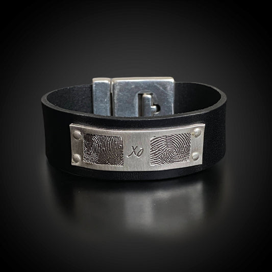 Leather Wide Band Bracelet w/ Sterling Silver Plate, Two Fingerprints