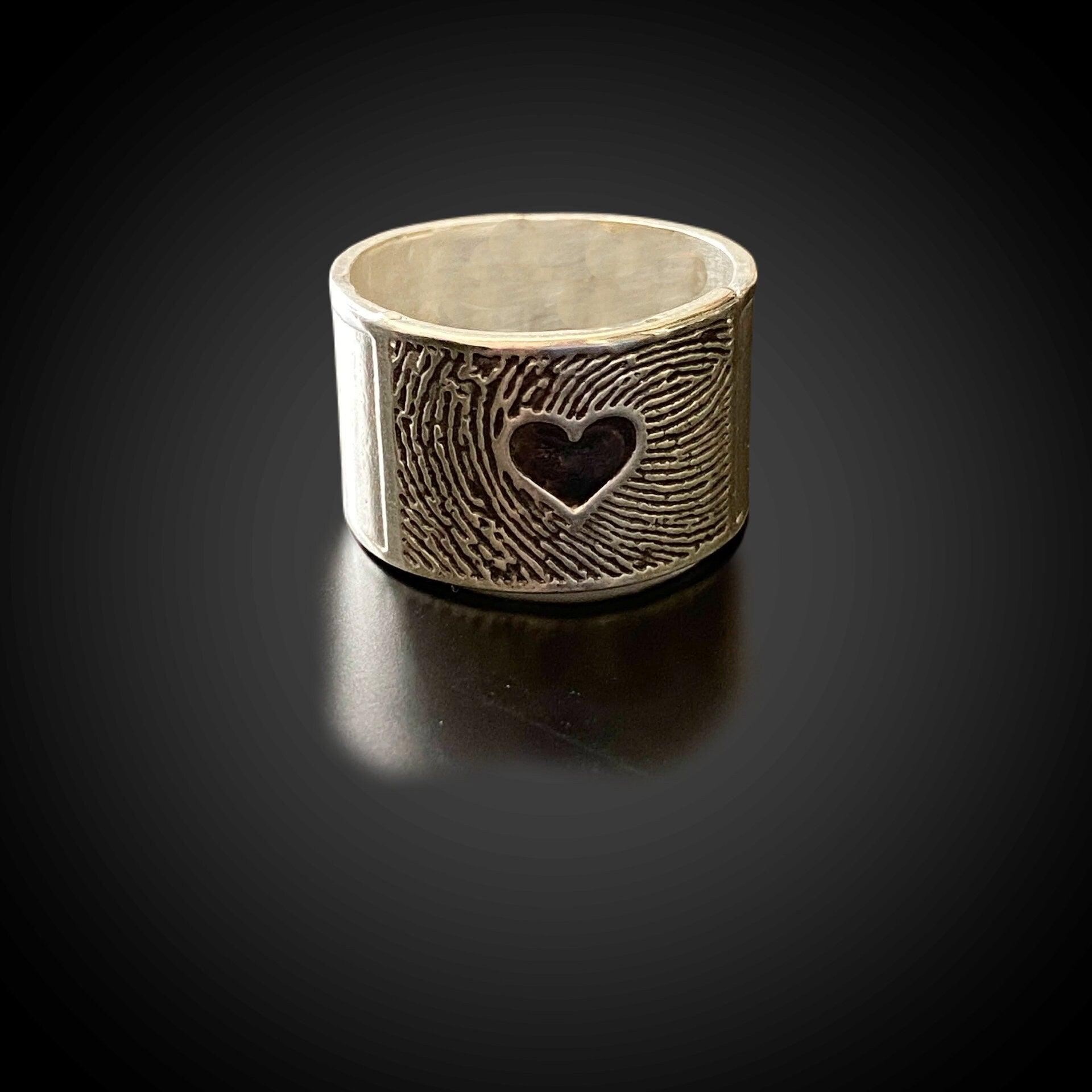 Wide Band Fingerprint Ring | Sterling Silver | Heart or Cross - Adorn Designs Jewelery