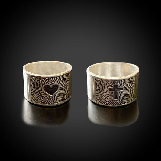 Wide Band Fingerprint Ring | Sterling Silver | Heart or Cross