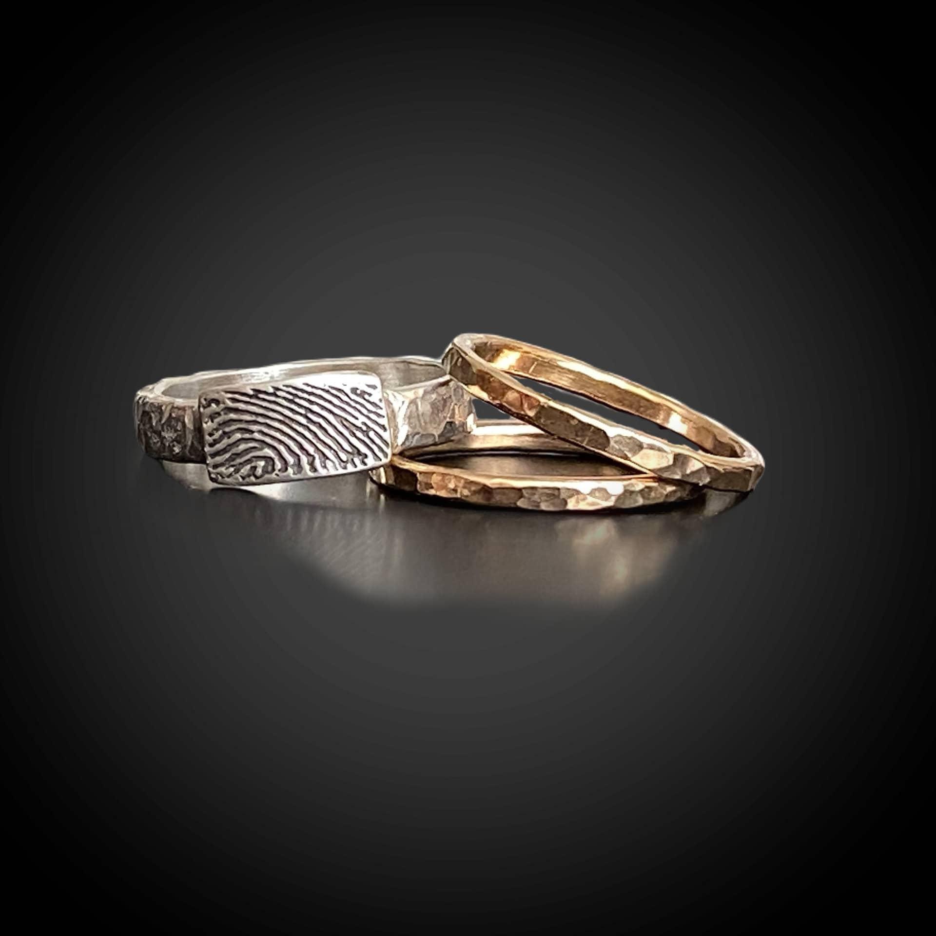 Stacking Hammer Texture Fingerprint Ring Sterling Silver & Gold Filled Stacking Bands - Adorn Designs Jewelery