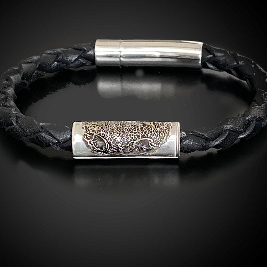 Dog Nose Memorial Imprint - Braided Leather Bracelet w/ Sterling Silver Tube Bead