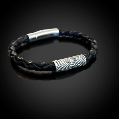 A Braided Italian Leather Bracelet w/ Sterling Silver Fingerprint - Black