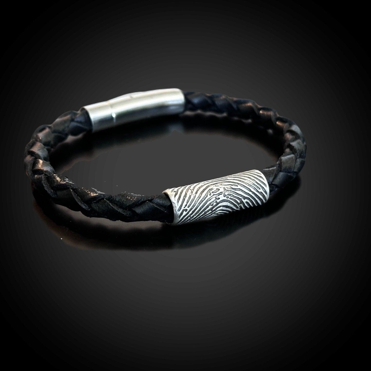 Braided Italian Leather Bracelet w/ Sterling Silver Fingerprint - Black - Adorn Designs Jewelery