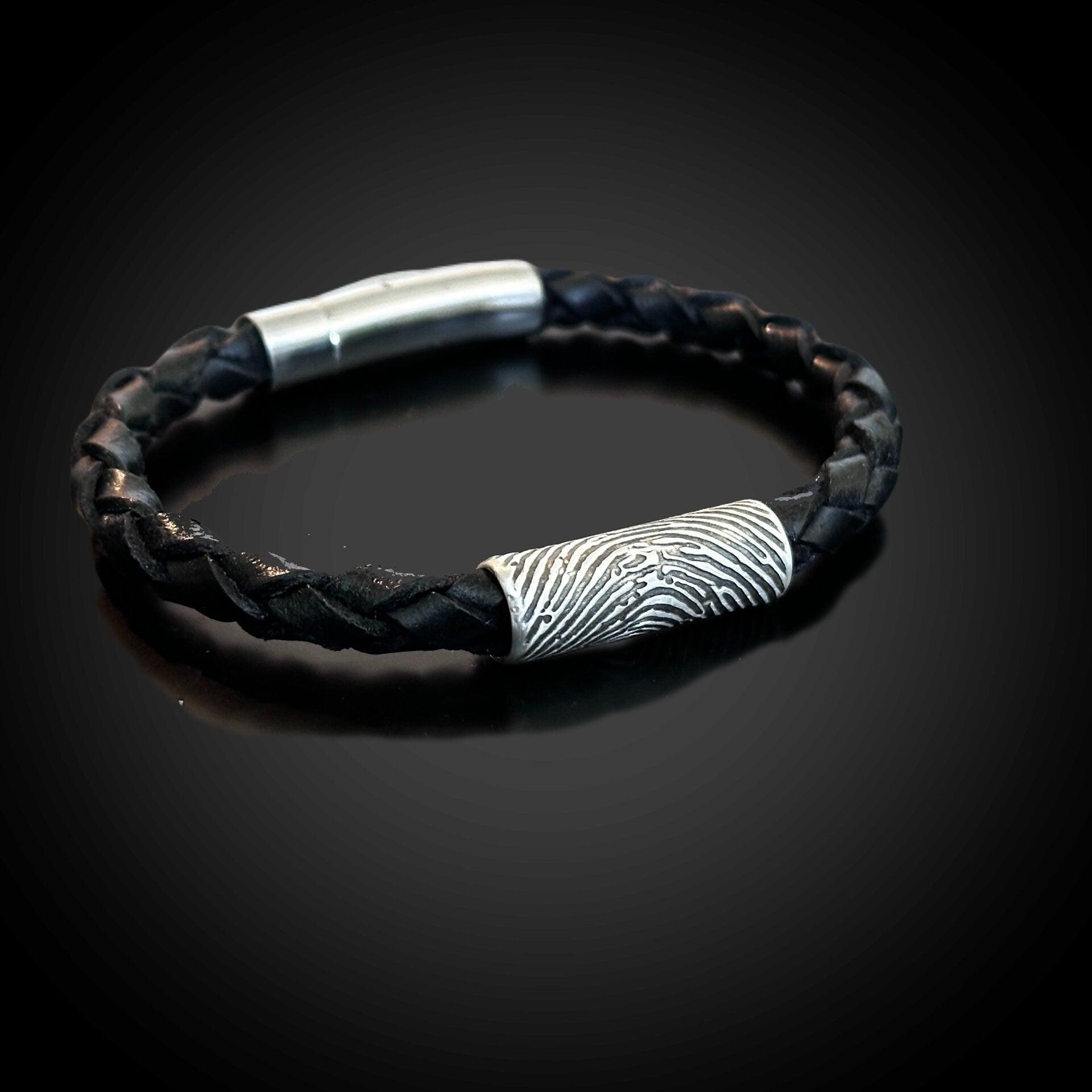 Braided Italian Leather Bracelet w/ Sterling Silver Fingerprint - Black - Adorn Designs Jewelery
