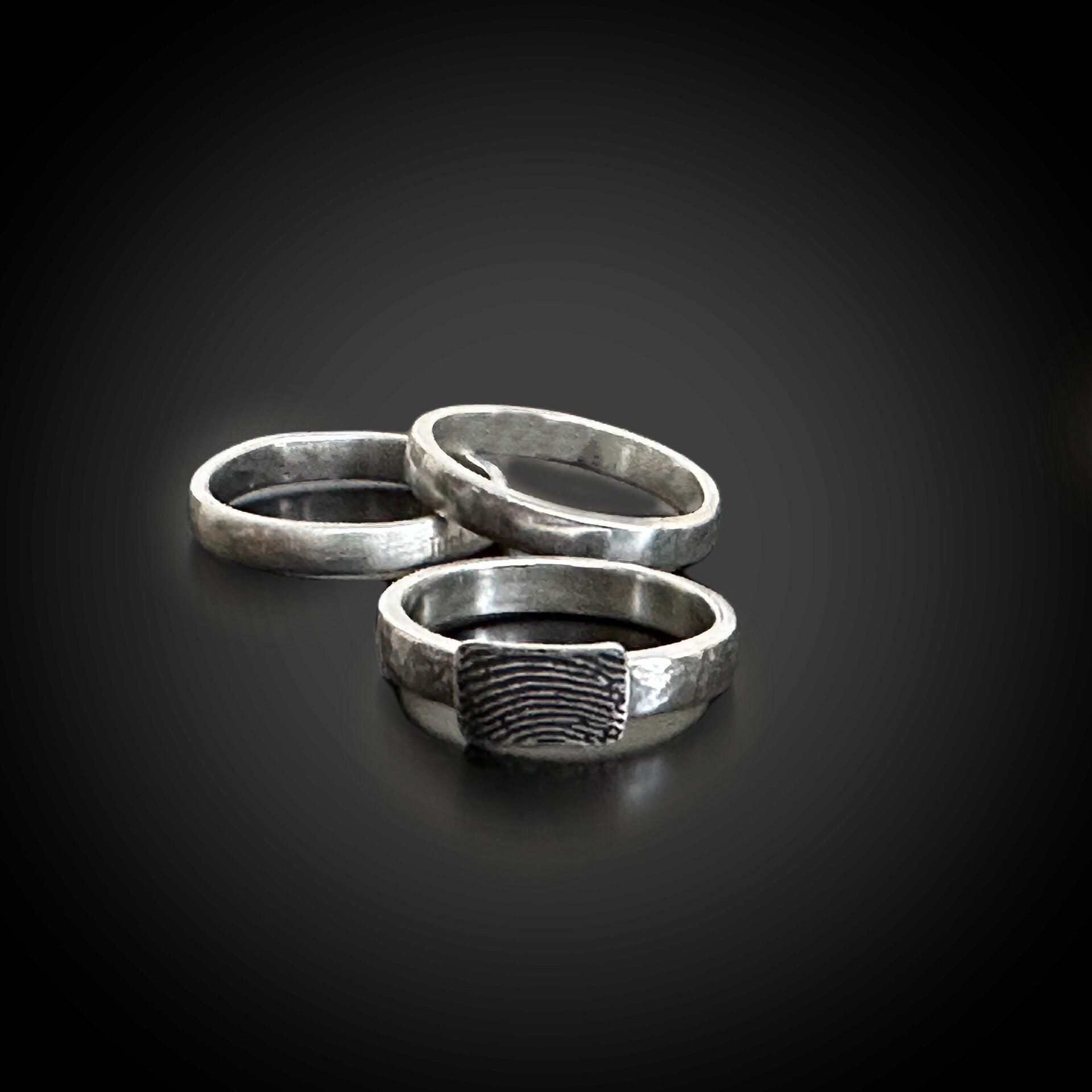 Wide Fingerprint Ring w/ 3 sterling silver stacking bands - Rectangle Fingerprint - Adorn Designs Jewelery