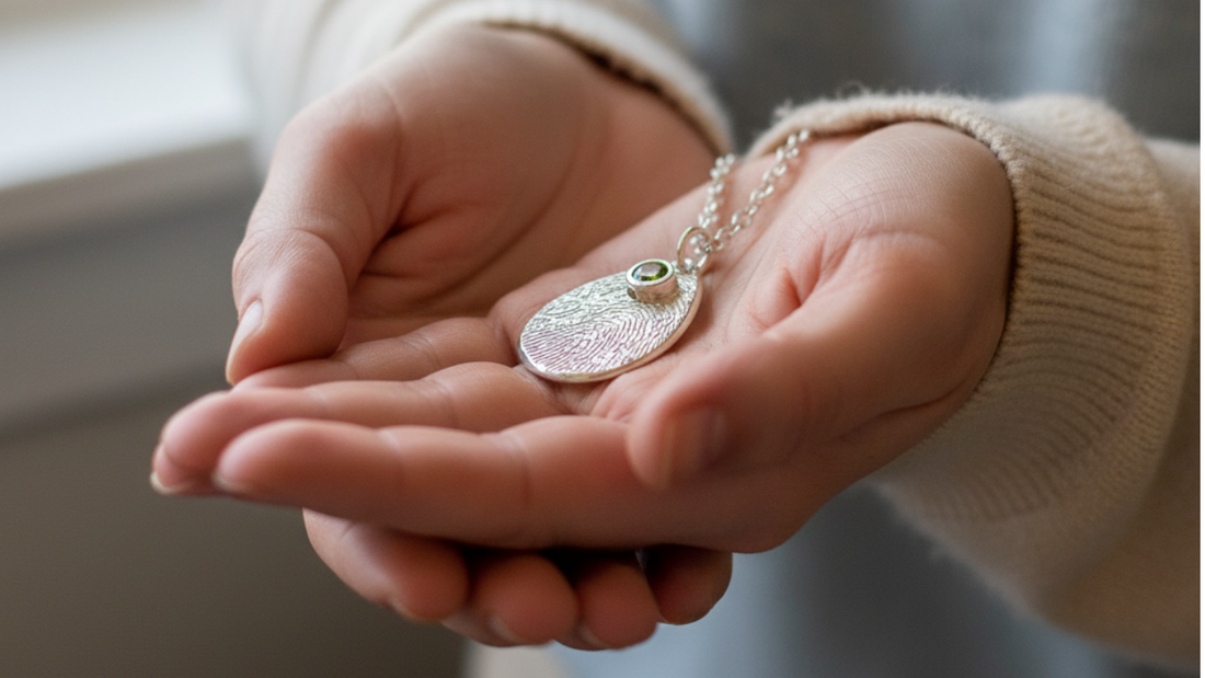 tender moment captured of woman holding a cherished fingerprint necklace