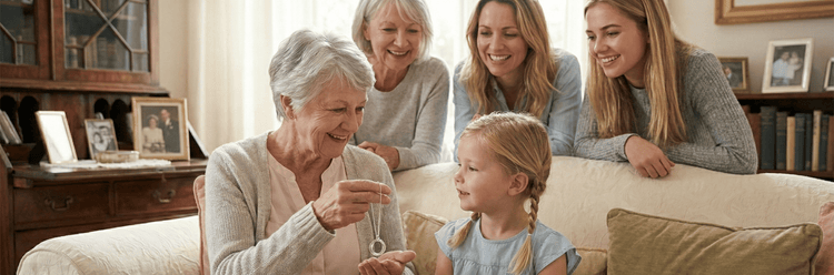 five generations of a family admiring the matriarch 5 generation necklace