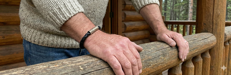 man wear braided leather fingerprint bracelet