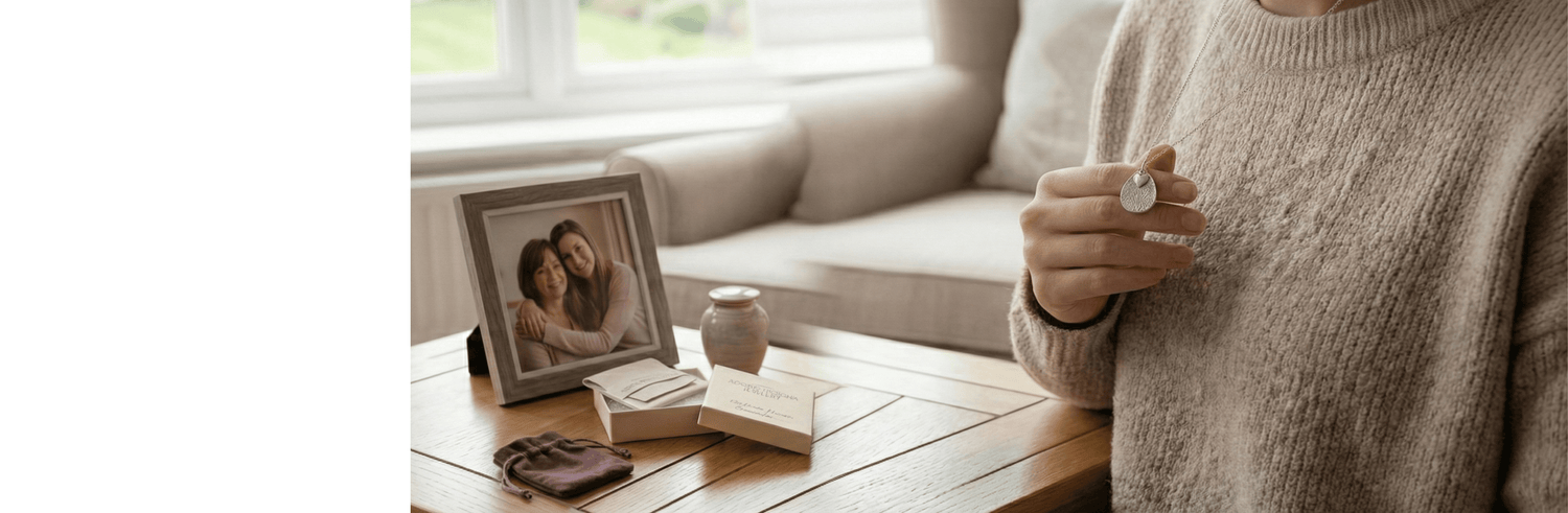 women holding fingerprint necklace while gazing at a photo of her mother