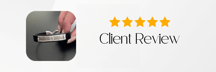 Five-star rating with a hand holding a product and text indicating a client review.