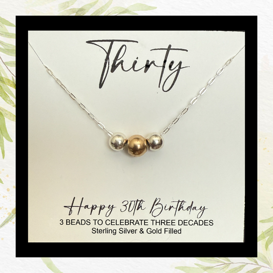 30th Birthday Necklace: Sterling Silver & Gold Filled Bead Pendant