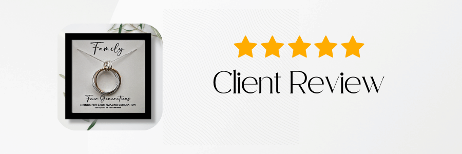 Jewelry box with a ring inside, surrounded by five-star rating text and 'Family' text on a white background.