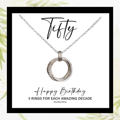 50th Birthday Interlocking Rings Necklace — Sterling Silver (Round + Twisted), 5 Circles, 18" Chain