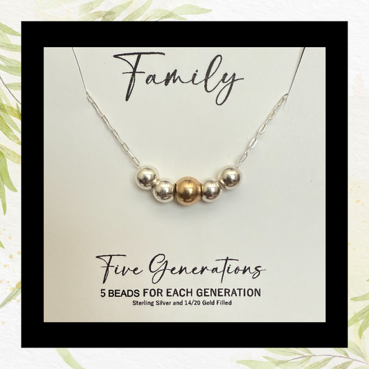 Five Generations Bead Necklace: Sterling Silver & Gold Filled Beaded Family Gift