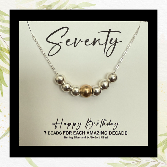 70th Birthday Necklace: Sterling Silver & Gold Filled Beads, Seven Decade Gift