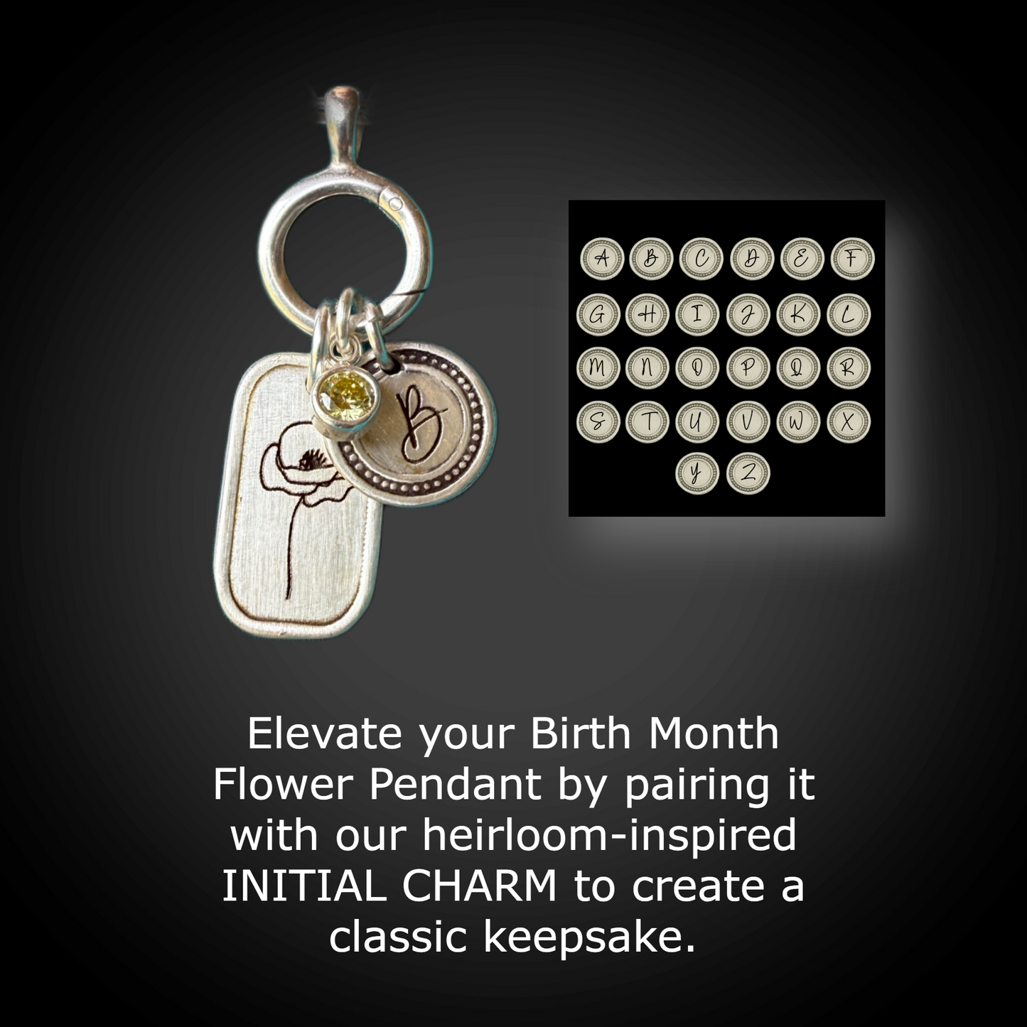 Personalized August Birth Month Poppy Flower Charm: Peridot CZ Birthstone, Hinged Charm Holder easily add charms, Sterling Silver Pendant